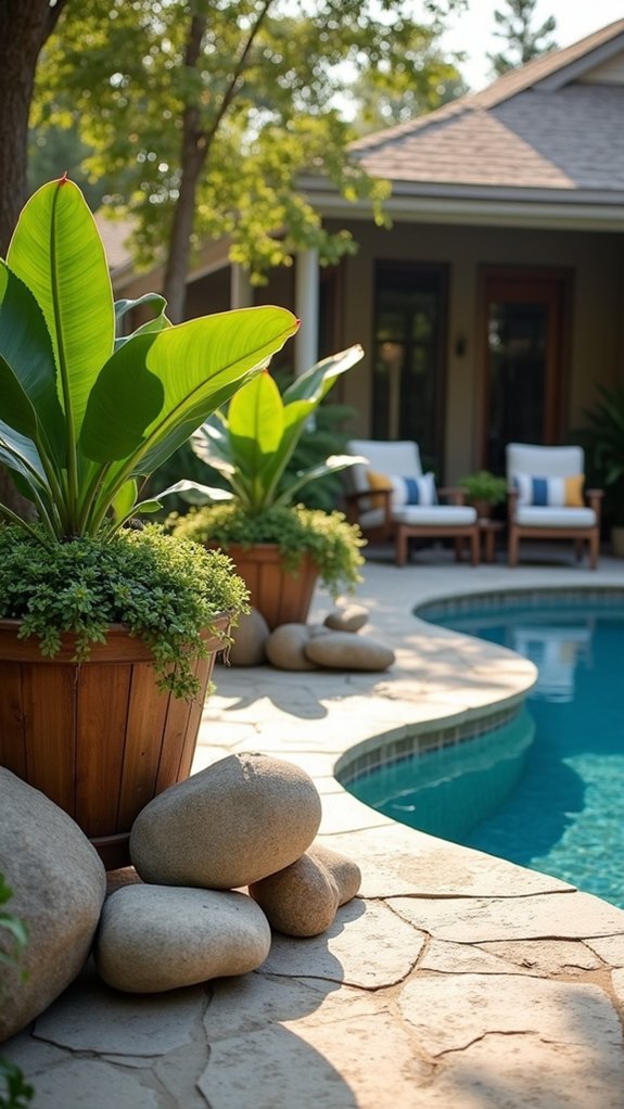 river rocks enhance poolside planters