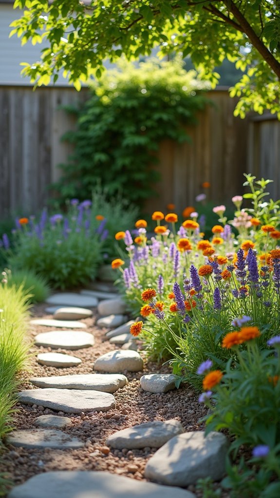 river stones enhance flower beds