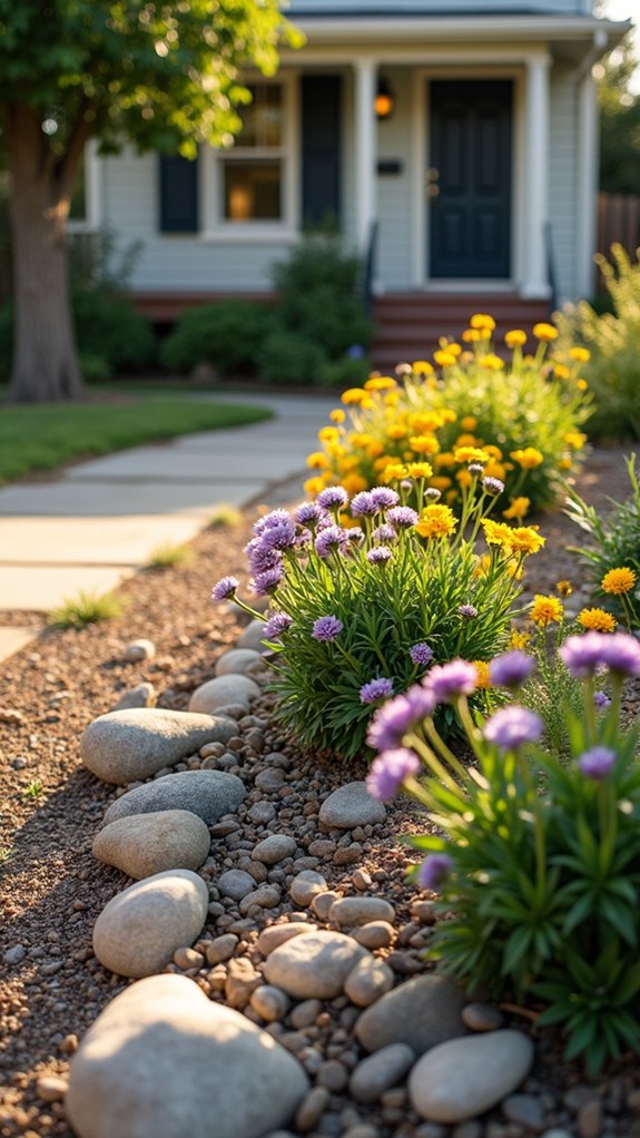 rock mulch enhances flower beds