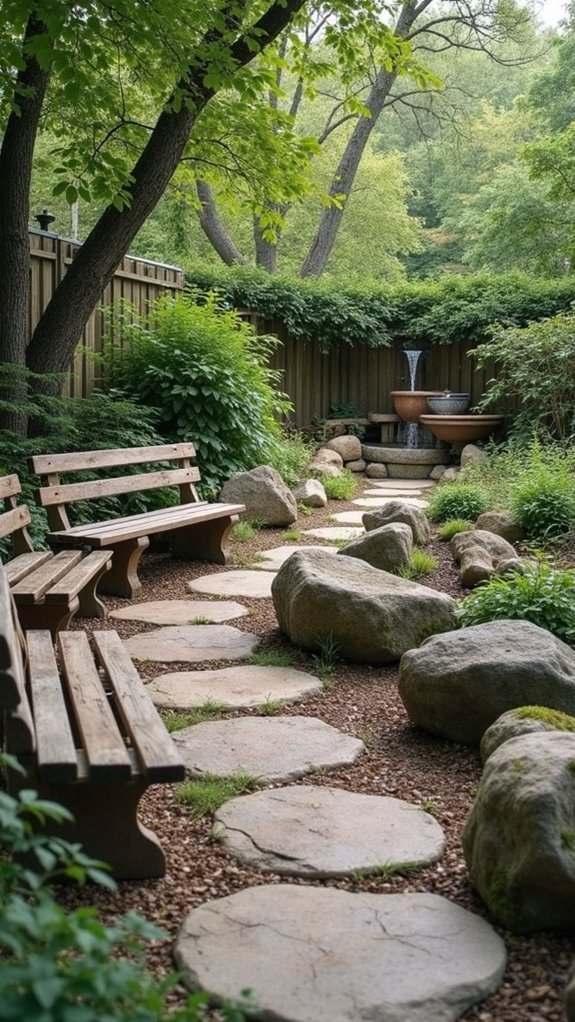 rustic benches by river