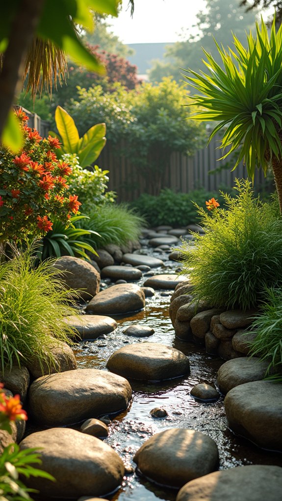 tropical bushes with river rock