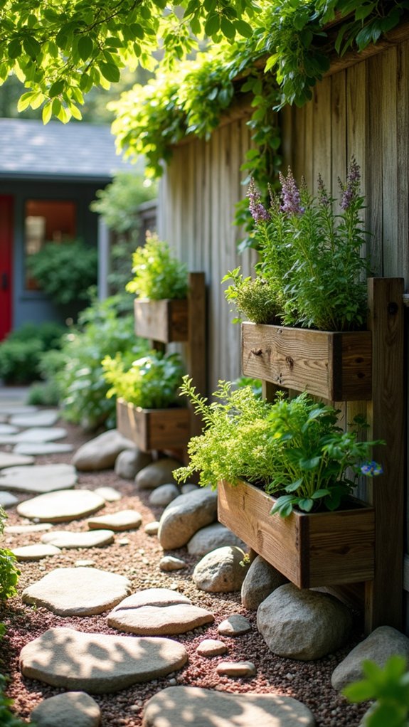 vertical planters with rocks