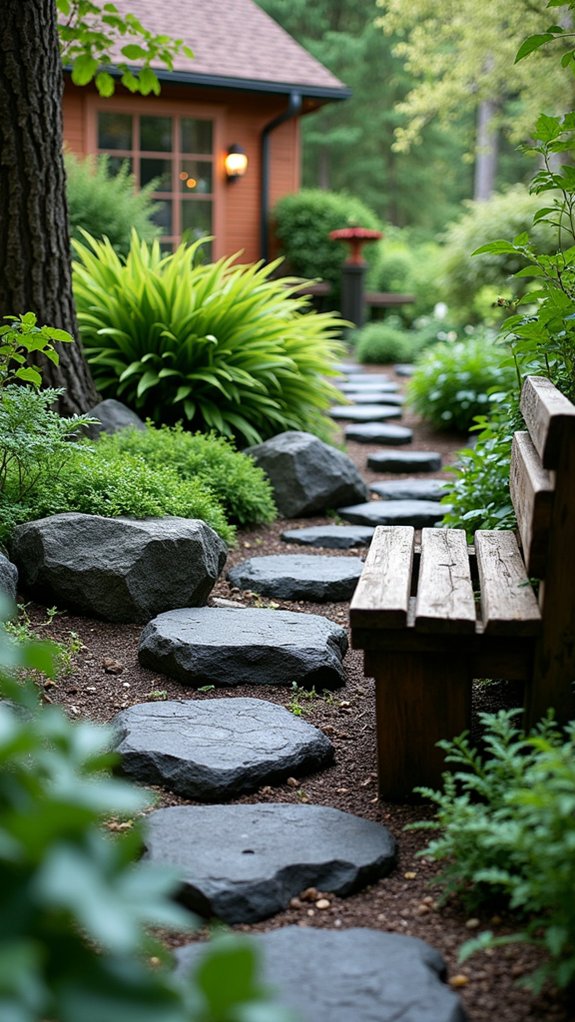 vibrant greens dark stones