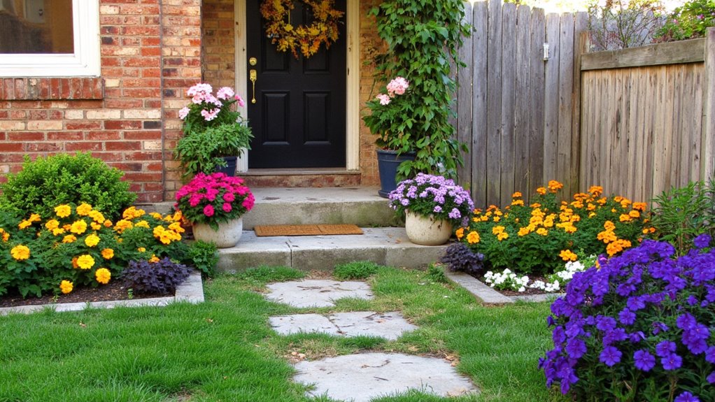 colorful plants enhance entryway
