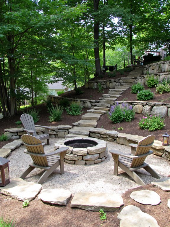 cozy sloped backyard fire pit