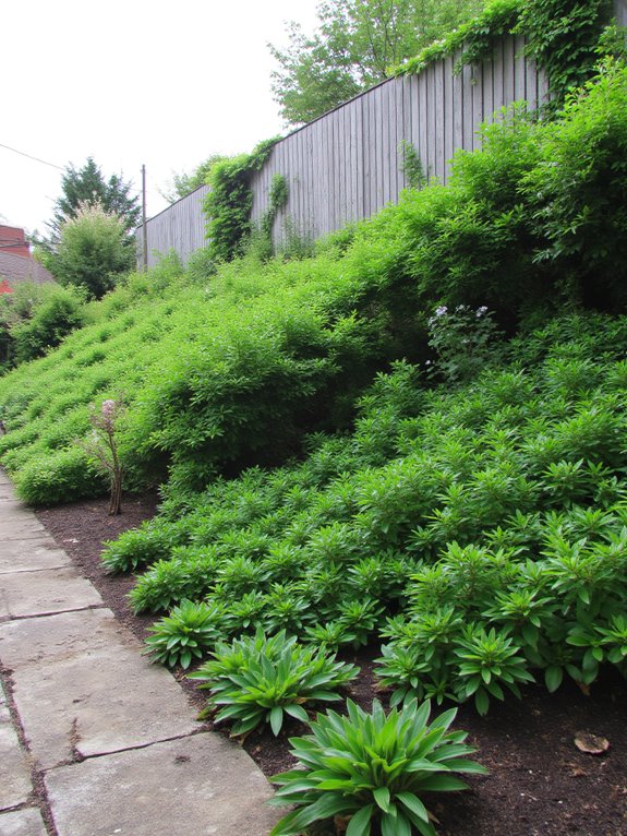 evergreen shrubs and fencing