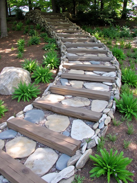 reclaimed wood and stone pathway