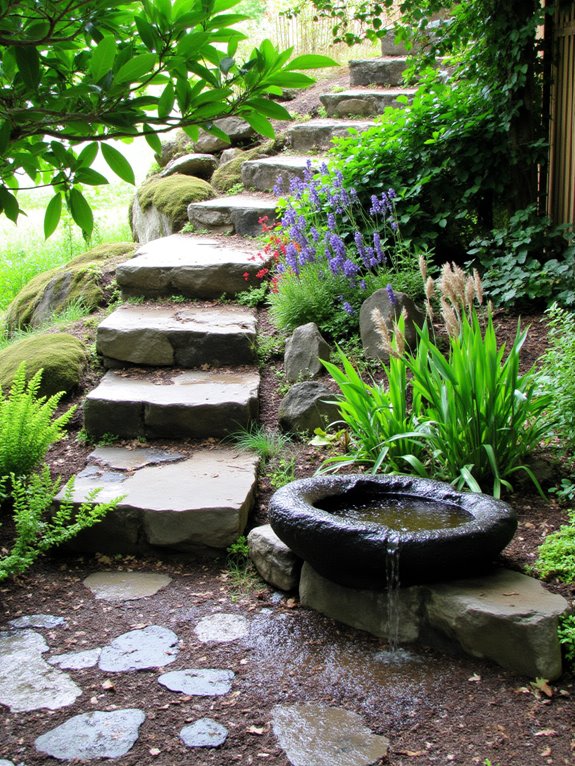 trickling water garden steps