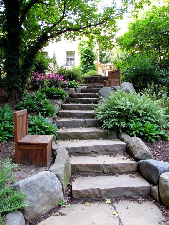 garden steps with seating