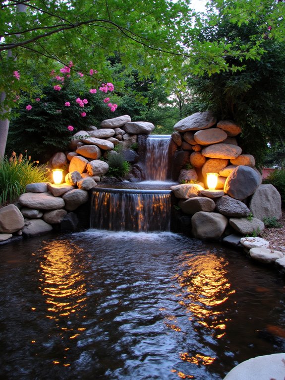 illuminated tranquil garden waterfalls