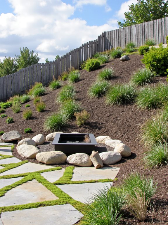 modern hillside fire pit
