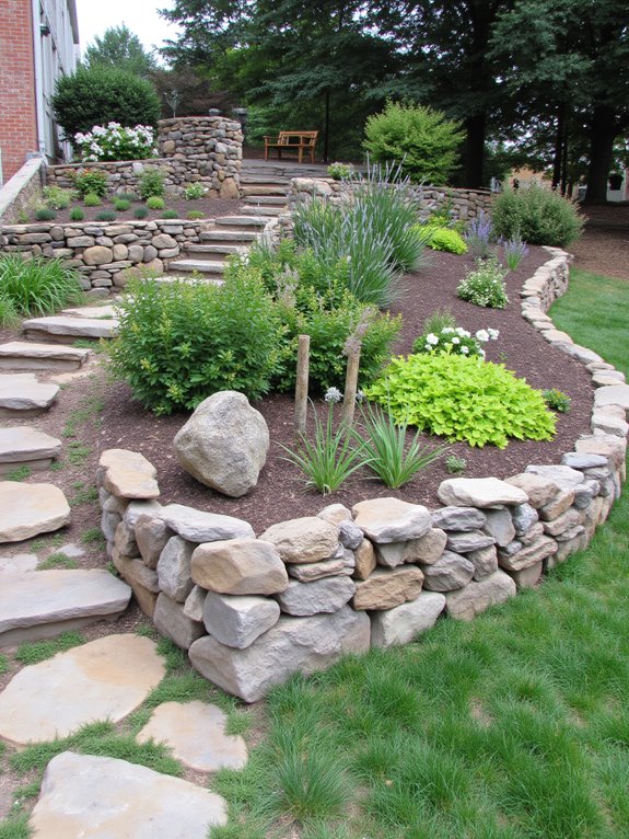 structured backyard with retaining walls