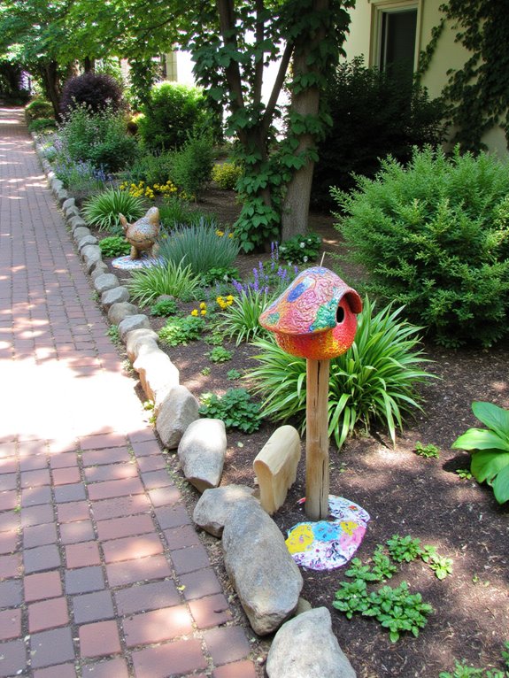 whimsical garden art enhances landscaping